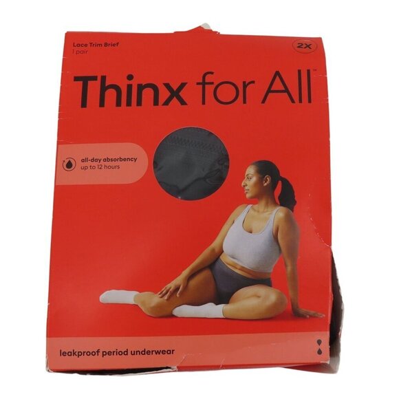 Thinx Women 2X Plus Size Lace Trim Brief Period Panty Black Haze NEW Open Box - Picture 1 of 11